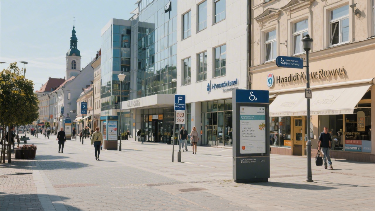 Street level photo of Hradec Králové city center with pedestrian area, modern buildings, and signage, illustrating accessibility of the academy location.
