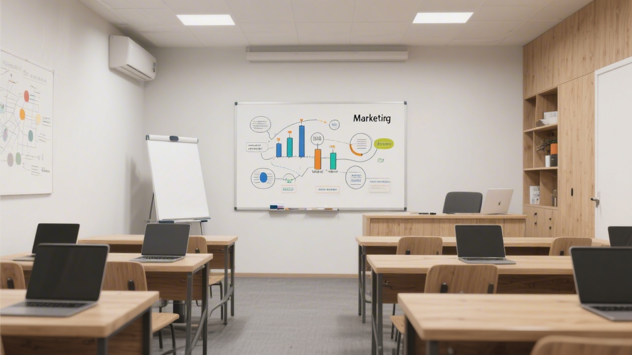 Interior of a small modern classroom with wooden desks, laptops on tables, whiteboard showing marketing diagrams, and a friendly professional training atmosphere.