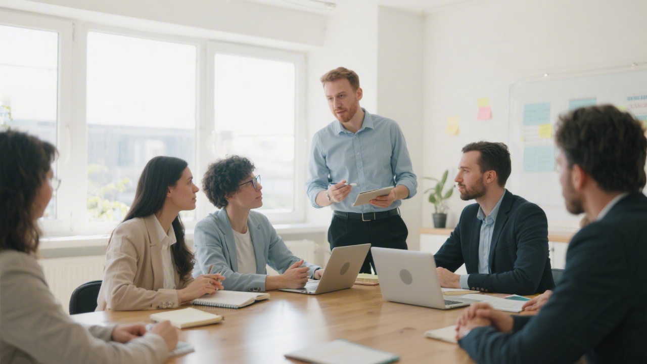 Small group of professionals in a bright meeting room discussing ideas, with notebooks and laptops, capturing a supportive local learning community atmosphere.