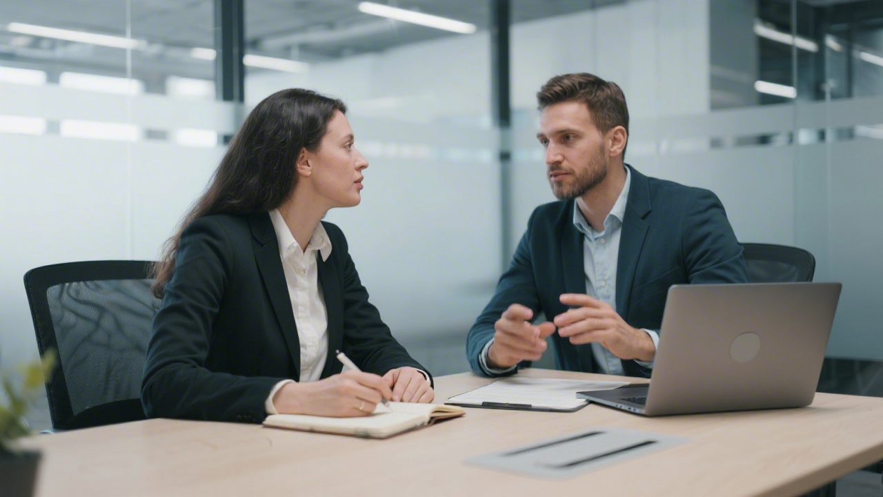 Two professionals sitting at a table with notebooks and a laptop, discussing a digital project during a consultation in a modern office.