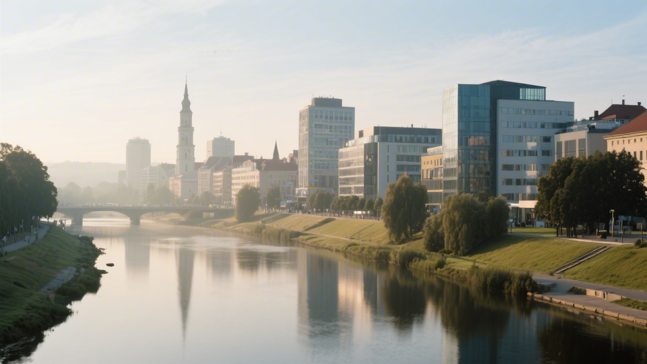 Wide photograph of Hradec Králové city skyline with modern buildings, soft morning light, and a calm river, representing a local professional learning environment.