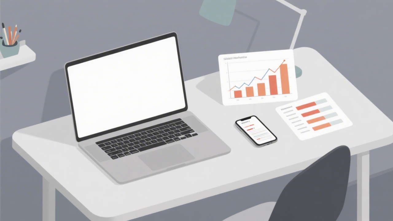 Minimalist illustration of digital marketing tools on a desk, including a laptop, charts, and a smartphone, representing practical marketing education.