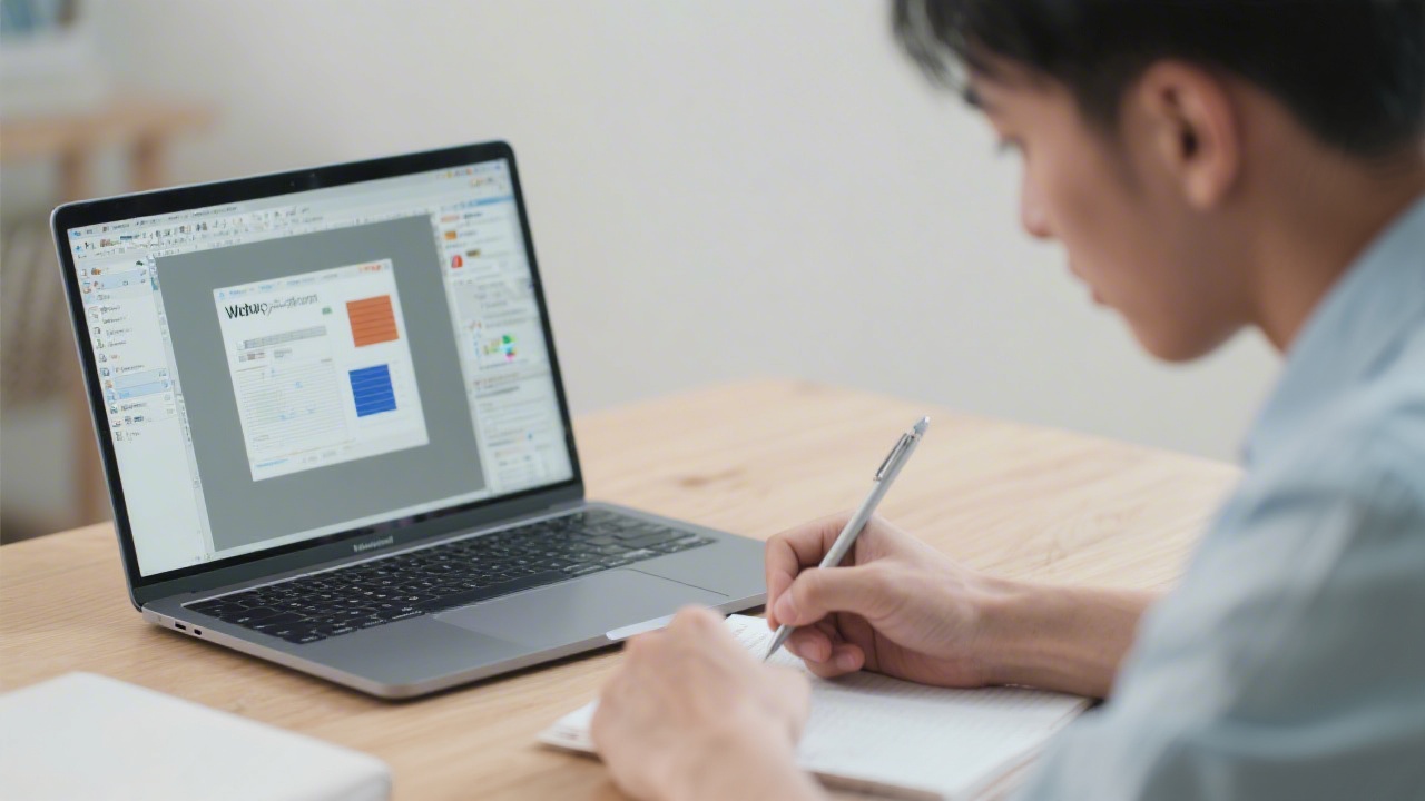 Young professional taking notes next to a laptop with open web design software, showing focused learning and practical digital skills development.