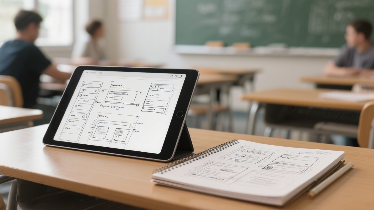 Clean wireframe sketches displayed on a tablet and notebook, showing user interface planning for a web project in a classroom setting.