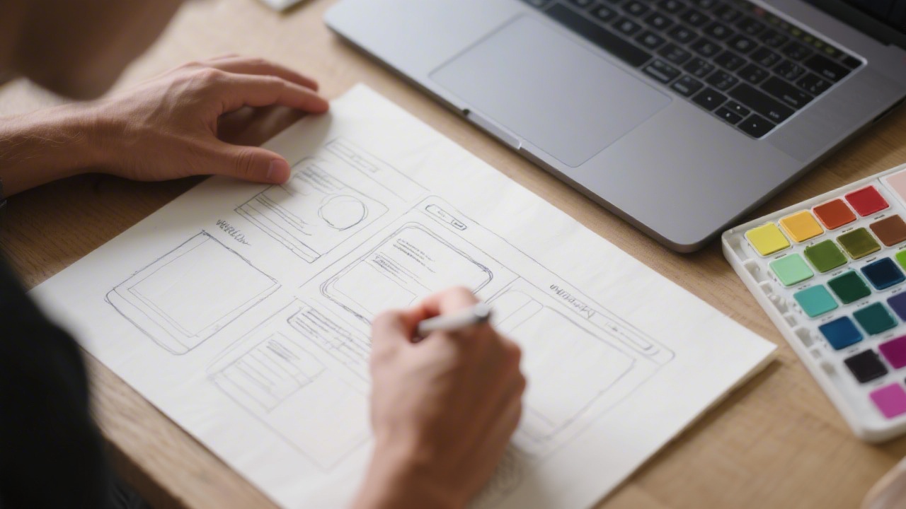 Close-up of a designer sketching website layout on paper, with a laptop and color palette nearby, illustrating a practical web design learning process.