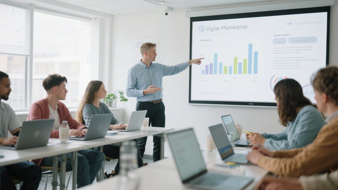Modern training workshop with participants working on laptops, a lecturer pointing at a digital marketing presentation, and a bright collaborative atmosphere.