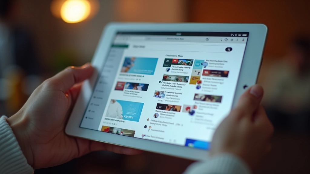Tablet zobrazující mega menu s integrovanými promocemi, obrázky a barevnými bannerami na straně